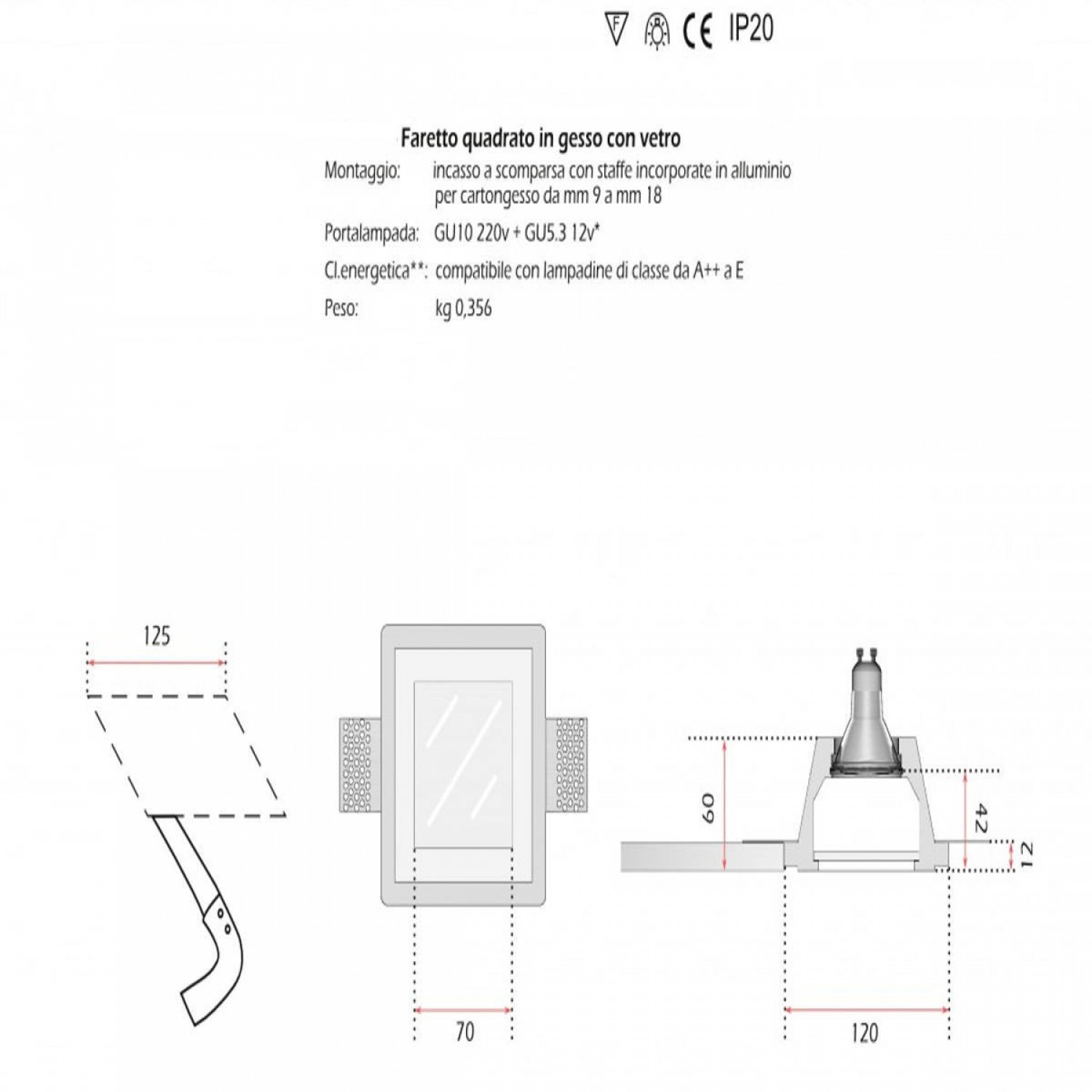Faretto LED Quadrato Da Incasso Con Vetro Specchio 8W GU10 – Per Cartongesso, Luce Calda/Naturale/Fredda (3000K/4000K/6000K), 620 Lumen - 3
