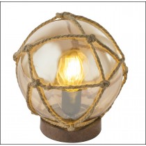 Lampada da tavolo dal design retrò, base in metallo in finitura ruggine. Diffusore in vetro trasparente color ambra. 1 luce E27 max 40W.