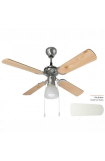 Ventilatore da soffitto finitura cromo spazzolato con 4 pale in legno, 1 punto luce 60W