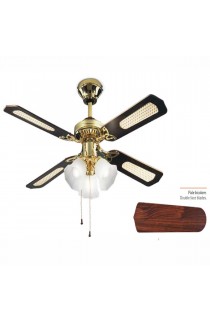 Ventilatore in metallo finitura ottone lucido, 4 pale bicolore con kit luce in vetro con 3 attacchi luce