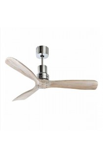 Ventilatore da soffitto in metallo cromo lucido, 3 pale in legno chiaro. Senza kit luce