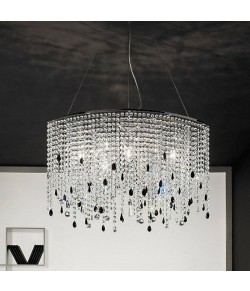 Sospensione elegante con struttura in metallo cromo lucido e cristalli strass molati e con particolari colorati, 6 Luci (G9)