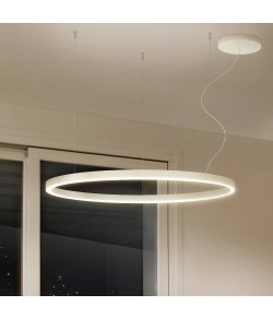 Sospensione minimale con struttura in alluminio, dalla forma circolare a forma di anello con colore bianco con luce a led dimmerabile ( 43W ) bidirezionale integrata