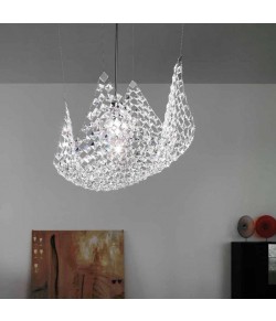 Sospensione con struttura in nichel lucido e diffusore in cristallo con effetto rete, 1 punto luce 116W E27