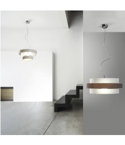 Raffinata lampada a Sospensione con vetri di colore Bianco e Wangè e struttura in metallo cromato, 3 luci 60W ( E27 )