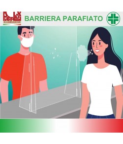 Barriera parafiato di sicurezza da tavolo, banco o scrivania, realizzata in plexi trasparente, completa di fenditoia rendiresto. Il pannello è autoportante