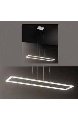 Sospensione LED, con montatura in alluminio verniciato bianco goffrato o nero. Tonalità di luce 3000K.