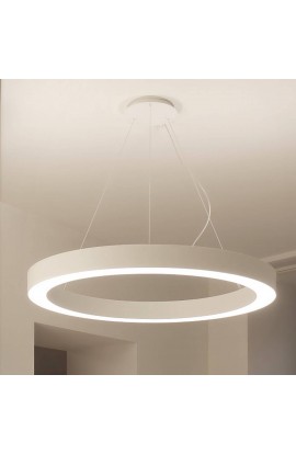 Sospensione minimale con struttura in alluminio,dalla forma circolare a forma di anello con colore bianco con luce a led ( 50W ) bidirezionale integrata