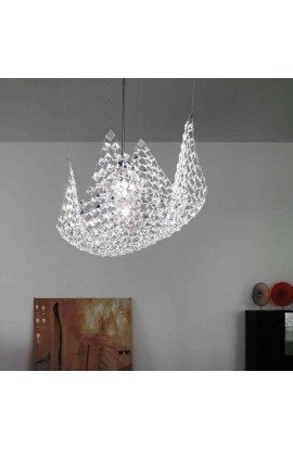 Sospensione con struttura in nichel lucido e diffusore in cristallo con effetto rete, 1 punto luce 116W E27