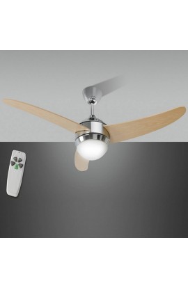 Ventilatore a soffitto in metallo finitura cromo lucido, 3 pale con kit luce in vetro 2 attacchi luce