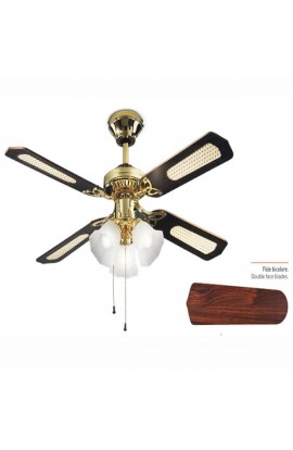 Ventilatore in metallo finitura ottone lucido, 4 pale bicolore con kit luce in vetro con 3 attacchi luce