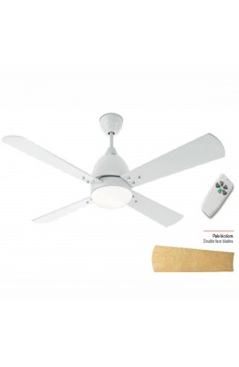 Ventilatore da soffitto in metallo finitura bianco, 3 pale bicolore con kit luce in vetro 2 attacchi luce.