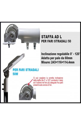 Staffa ad L per fari stradali da 50W, con inclinazione da 0° a 120° , adatta per palo da 6 Cm.