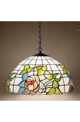 LAMPADARIO A SOSPENSIONE CON CATENA  E VETRO CLASSICO TIFFANY, 1 PUNTO LUCE 100W