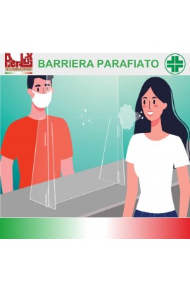 Barriera parafiato di sicurezza da tavolo, banco o scrivania, realizzata in plexi trasparente, completa di fenditoia rendiresto. Il pannello è autoportante